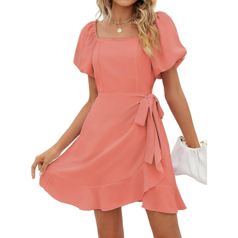OFEEFAN Womens Summer Dresses Square Neck Puff Sleeve Tie Waist Short Dress