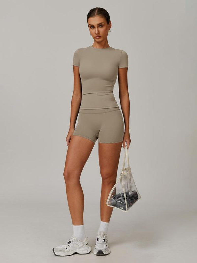 Women'S Solid Ribbed Crop Tee & High Waist Skinny Shorts Set, Sporty Breathable Quick Drying for Yoga Gym Workout Running, Activewear, Athletic Tracksuit, Ladies Sportswear for All Seasons